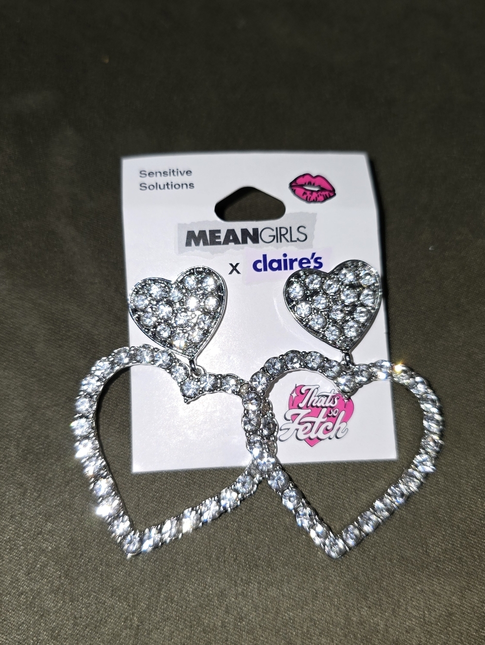 NWT Claire's x Mean Girls Silver Rhinestone Heart Drop Earrings